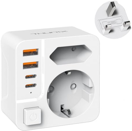 THUNIX Reiseadapter UK Adapter 2 Fach England Deutschland Reisestecker mit 2 Typ-C, 2 USB-A Anschlüß Steckdosenadapter Typ G für UK, Singapur, Irland, Dubai, Schottland, Hongkong, Katar, Malta