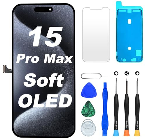 DIGI4U Display für iPhone 15 Pro Max Soft OLED 6.7 Zoll Bildschirm Ersatz Truetone FHD COP Display Digitizer Assembly mit Reparaturwerkzeug, Displayschutz und wasserfestem Kleber