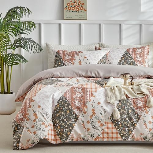 Tokokimo Set Copripiumino Matrimoniale 240x220 cm, Copripiumino Matrimoniale 3 Pezzi Motivo Geometria Patchwork in Morbida Microfibra, Completo con 1 Copripiumino + 2 Federe 50x80 cm, Patchwork-Kaki