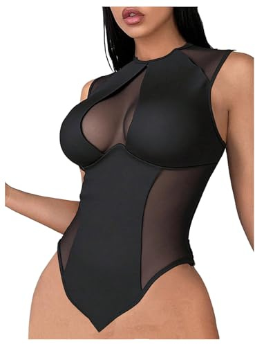 SOLY HUX Women's Mesh Bodysuit Sleeveless Crew Neck Sheer Bodysuits Fitted Going Out Tops Pure Black Medium