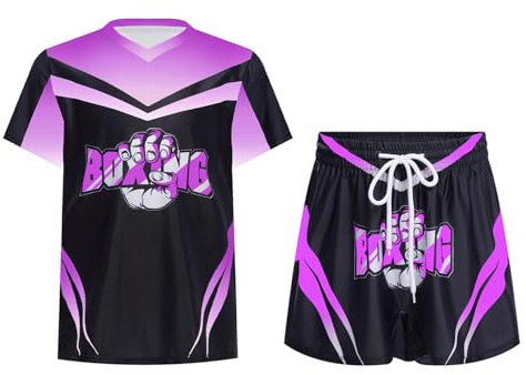 RUNQHUI - Pantalones cortos de boxeo con camiseta para niño y niña, conjunto de ropa de boxeo Muay Thai MMA Kick Boxing, color morado de 13 a 14 años