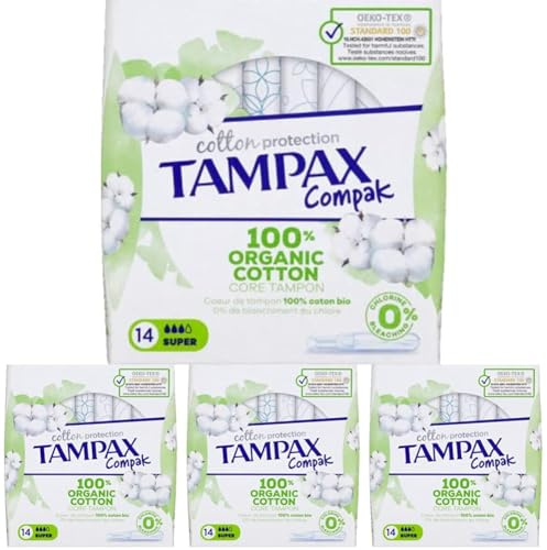 Tampax Cotton Protection Compak Super Avec Applicateur x 14, Tampons Tampax En Coton Bio Et En Format Compact (Lot de 4)