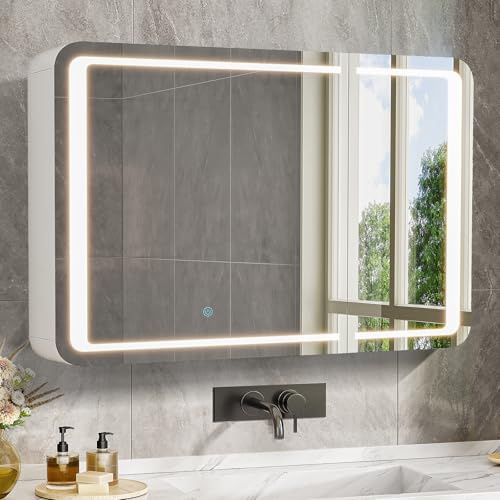 FORABAMB Armoire Salle de Bain Miroir avec éclairage LED & Prise, Armoire Murale Salle de Bain avec Miroir HD, 3 Étagères Réglables, Angles Arrondis, Armoire de Toilette, 16 x 80 x 60 cm, Blanc