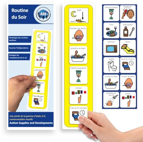 Routine du Soir et Coucher, Emploi du Temps Enfant Autiste (Français) | 12 pictogrammes, TDAH et enfants non verbaux, autonomie, 5 étapes, PCS Boardmaker, compatible avec PECS, plastique durable