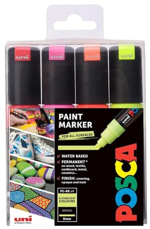 POSCA 153544859 PC-8K „Fluorescent Paint in a Pen“-Set, 8 mm breite Keilspitze aus Acryl, wasserbasierte Filzstifte, 4 Farben