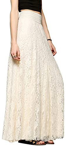 CHARTOU Womens Elegant Floral Lace Elastic High Waist Pleated Maxi Long Beach Skirts (Medium, Beige)
