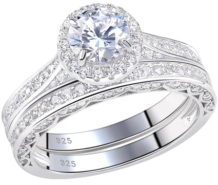 SHELOVES 925 sterling silver vigselringar för kvinnor rund skärning vit AAAAA kubisk zirkonia Cz förlovningsring band set storlek J 1/2-T 1/2 e sterlingsilver, P, colore: Vitt, cod. SL4112_75