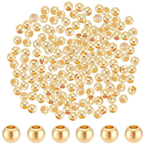 PandaHall 300pcs Glatte Runde Perlen, 3mm 14K Vergoldete Perlen Langlebige Überzogene Kleine Abstandsperlen Nahtlose Kugelperlen Für Armband Halskette Schmuck Handwerk Herstellung