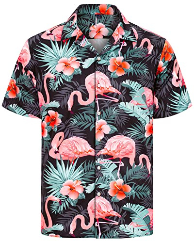 J.VER Mens Summer Shirts Hawaiian Short Sleeve Beach Holiday Party Fashion Regular Fit Casual Aloha Funky Flower Printed Vacation Tops Black Leaf Flamingo M