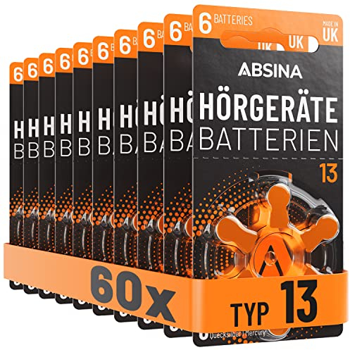 ABSINA 60x Pile per apparecchi acustici 13 Zinco Aria con 1,45V - batteria acustica 13 con pellicola protettiva - pile acustiche 13 - PR48 ZL2 P13 - Pile apparecchi acustici 13 - apparecchio acustico