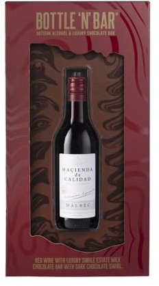 Thornton & France Bottle N Bar Red Wine & Chocolate | Extra Large Chocolate Bar With Milk & Dark Choc Surrounding 187ml Bottle of Hacienda Calidad Malbec