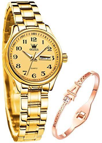 OLEVS Damenuhren Gold Silber Leicht zu Lesen Armbanduhren für Damen mit Kleines Gesicht Tag Datum Edelstahlband wasserdichte