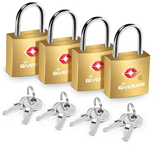TSA-zugelassene Reisegepäckschlösser mit Schlüsseln, massives Messing, Kupfer, Vorhängeschloss, kleine Schlösser für Koffer, Rucksack, Fitnessraum, Schmuckkästchen, goldfarben, 4 Stück GIVERARE