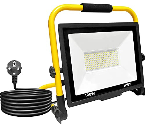 LED Baustrahler 100W, 10000LM, LED Arbeitsleuchte Strahler, Arbeitsleuchte mit Stecker 3m, Baustrahler Wasserdicht IP65.Weiße 360º drehbares Beleuchtung 6000K für Außen, Werkstattarbeit, Garage