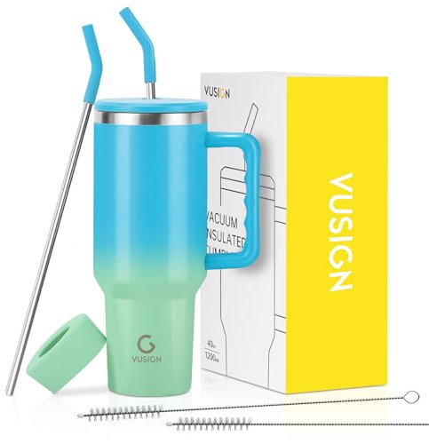 VUSIGN Gobelet de 1200 ml avec poignée et couvercle à paille, gobelet de voyage isotherme en acier inoxydable pour eau, thé, café glacé, smoothie, voiture, mélange bleu-vert