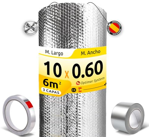 AISLANTE TERMICO MULTIUSOS PREMIUM | Reduce el Frio y el Calor |100% ALUMINIO|Aislante Termico para Ventana, Pared, Suelo, Techo, Coche, Garaje [ 0.6 X 10m ] (6m²) + 2 cintas adhesivas