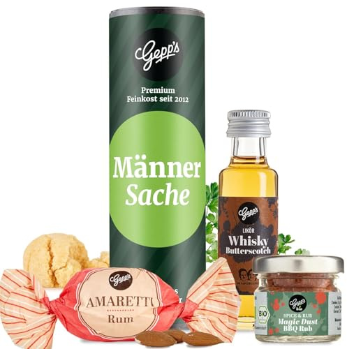 Gepp's Feinkost Geschenkset Herrengedeck I Gourmet Geschenkkorb | Mit Butterscotch-Whisky-Likör, Amaretti-Rum und BBQ Rub-Gewürz I Als kleines Geschenk I Probierset