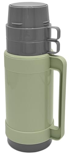 Thermoskanne Thermosflasche 1l | Auslaufsicher Isolierflasche mit zwei Trinkbechern für unterwegs Kaffee & Tee für Kinder, Sport, Kalt & Heiß, 31cm (Grün)