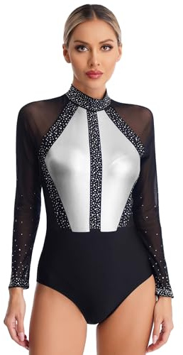 iiniim Damen Eiskunstlauf Body Glitzer Ballettanzug Langarm Body Overall Akrobatik Anzug Gymnastik Turnanzug Wettbewerb Tanzkostüm Dunkel Grau L