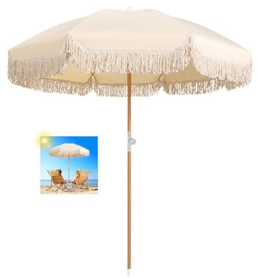 180cm Parasol Balcon Avec Frange Parasol De Jardin Extérieur Parasol Plage Anti Uv Grand Parasol Inclinable Avec 8 Baleines Parasol De Marché Avec Sac De Transport Pour Balcon Jardin Terrasse Plage (