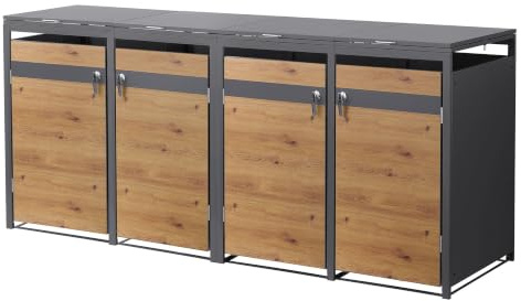 ML-Design Mülltonnenbox 4er 240L, Mülltonnenverkleidung für 4 Mülltonnen, Müllbox wetterfest, Mülltonnenhaus aus Stahl, Müllcontainer mit Deckel, abschließbare Tür, 264x80x120 cm, Anthrazit-Holzoptik