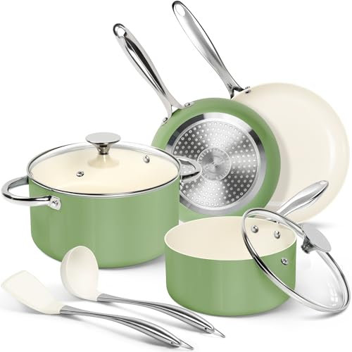 MICHELANGELO Pots and Pans Set - Nonstick Ceramic Cookware Set, 8-Piece Healthy Cooking Set, Non-Toxic, Oven Safe & Compatible with All Stovetops - White and Green