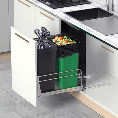 Jumyee Kit de cubo de basura de doble gabinete con deslizadores de cierre suave, bote de basura extraíble resistente para debajo del gabinete para fregadero de cocina, lavandería, basura, requiere