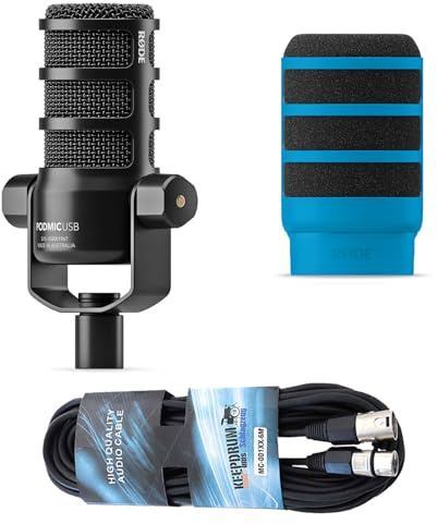 Rode Mikrofon Podmic USB mit WS14B Popschutz Blau und keepdrum XLR Kabel