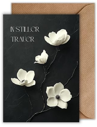 WBdesignz Trauerkarte In stiller Trauer mit Umschlag - legante Beileidskarte mit weißen Magnolien auf dunklem Hintergrund - stilvoller Trostspender für Angehörige, Freunde & Kollegen (DIN A6)
