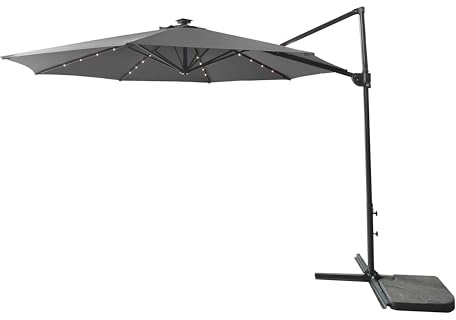 SONGMICS Sonnenschirm, Ampelschirm, 300 cm, 28 Solar-LED-Leuchten, UPF 50+, Gartenschirm, um 360° drehbar, Neigungswinkel stufenlos verstellbar, mit Kurbel, Kreuzfuß, grau GPU047G02