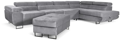 SOFILAND Aller Lang XL Modernes Design Ecksofa mit Schlaffunktion, Bettkasten in Ottomane, Hocker mit Stauraum – Tierfreundlicher Waterproof-Welvet, inkl. 2 runde Kissen, Ottomane rechts. (Hellgrau)