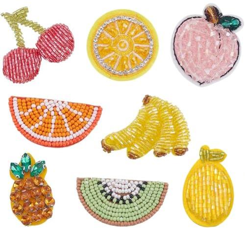 PH PandaHall 8 Stile Stickerei Obst Applique Patch Perlen Pailletten Patches aufbügeln Pfirsich Banane Kirsche Orange Wassermelone Pailletten Aufnäher zum Aufnähen für Kleidung Karneval Dekoration