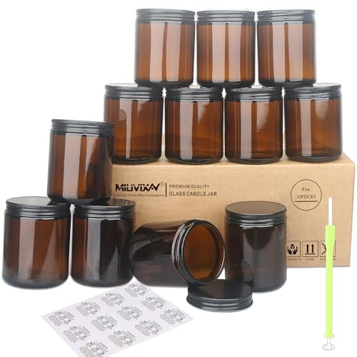 MILIVIXAY Lot de 12 bocaux à bougies de 250 ml en verre épais ambré foncé avec couvercles en métal noir - Bocaux à bougies vides en vrac pour la fabrication de bougies - Bocaux de conserve pour épices