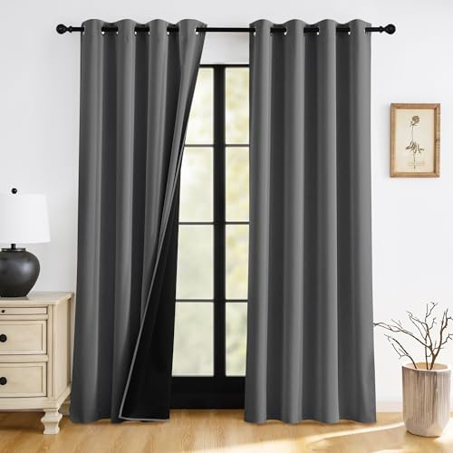 RYB HOME 100% Blackout Bedroom Curtains, Heat & UV Blocking Total Room Darkening Noise Reducing Grommet Curtains for Living Room Dormitory Home Office, 52 inches Wide by 84 inches Long, Grey