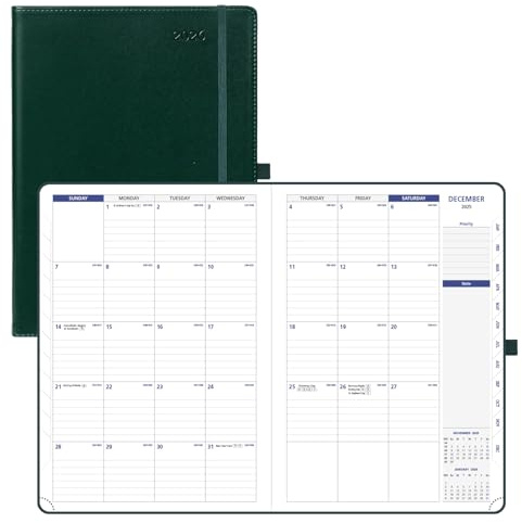 POPRUN 2026 Month to View Diary A4 Monthly Index Tabs,4 Pages Per Month Planner(From December 2025 to March 2027), PU Leather Softcover with Ribbon Marker (Dark Green）