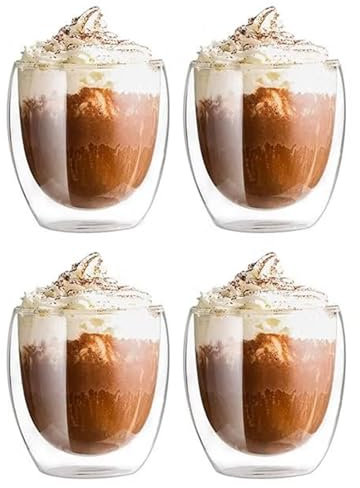 Set di 4 tazze da cappuccino, 250 ml, in vetro borosilicato, a doppia parete, resistenti al calore, perfetti per cappuccino, caffè e tè