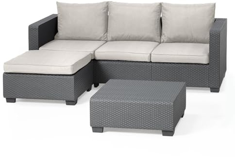 Allibert Salta Gartenlounge Graphit – 3-Sitzer Sofa & Tisch-Hocker – Wetterfeste Rattan-Optik inkl. Polster – UV-Beständig & Stabil – Hochwertiges Outdoor Set Made in Europe