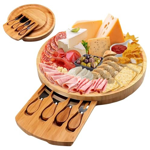 Jeap Tagliere per Formaggi in Legno di Bamboo con Coltelli | Tagliere Aperitivo 25 cm | Cassetto con 4 Utensili | Ideale per Formaggi, Salumi, Aperitivi – Idea Regalo