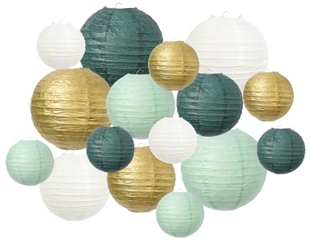 WAONIQ 16 Stück Papier Lampions mit Salbeigrün, Creme und Gold dekorative Papierlaternen, Runde Grüne papierlampions für Braut Hochzeits dekorationen,salbeigrüne Deko,Babyparty und Geburtstags deko