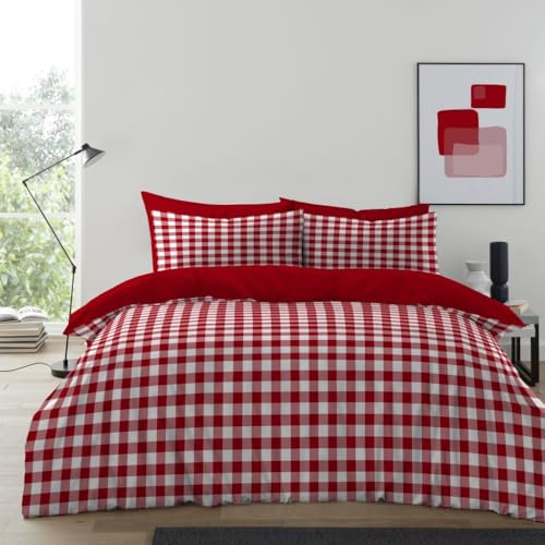 Gingham Moor Check Microfibre Duvet Cover Set – Reversible Checked Quilt Cover with Matching Pillowcases – Soft, Lightweight Bedding Set – Easy-Care & Durable (Red, Double)