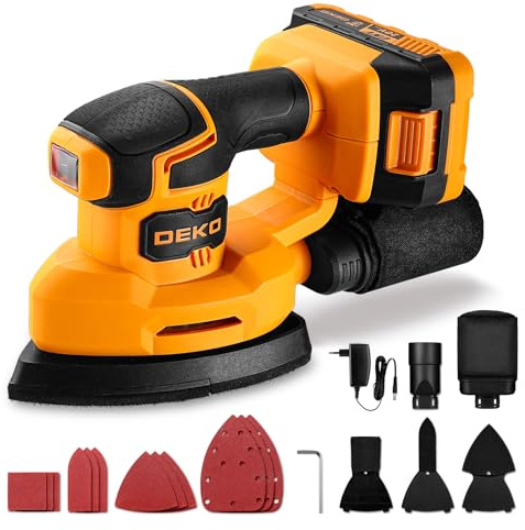 Levigatrice Mouse per Legno: DEKOPRO 20V Multifunzione Levigatrice Palmare con Batteria 13000 RPM, 3 Accessori Aggiuntivi 12PCS Carte Vetrata - per Levigare in Falegnameria e DIY Giallo e Nero