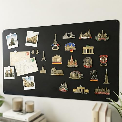 Qiytecno Tableau magnétique noir - Grand - 60 x 90 cm - Élégant - En métal - Pour aimants de voyage et souvenirs - Tableau d'affichage décoratif pour le salon pour collectionneurs passionnés