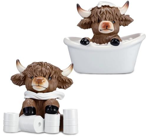 Clyrax 2 Stück Badezimmer Deko Ornamente, Highland Cow Muster Deko Badezimmer Modern, Lustige Dekofigur, Mobile Toilette Ornamente für Bad & Gäste WC, Highland Cow Geschenk(Badewanne+Toilettenpapier)