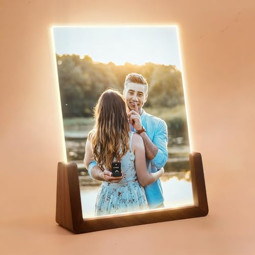 HETOOSHI Walnut LED Night Light Photo Frame - Illuminated Acrylic Picture Frame with Glowing Wooden Base, USB Powered Including charger, Easy Photo Swap (Vertical, 5X7inch)