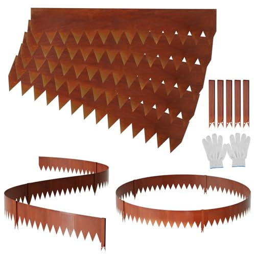 Peviasot Rabattkant metall, 100 x 20 cm gräskanter med vassa sågtänder, flexibel rostbeständig rabattkant med clips och handskar, rostfärg 10 stycken (längd 10 m – höjd 20 cm)