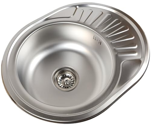 Fregadero de cocina de acero inoxidable de 57 x 45 cm, cuenco individual con escurridor y sifón, pequeño lavabo redondo, acabado satinado, para cocinas modernas y renovaciones del hogar