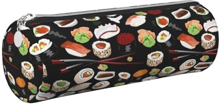 HEBSDFG Trousse ronde en cuir avec fermeture éclair dorée pour l'école, le bureau, les voyages - Motif sushi japonais - Noir, Argenté., One Size, Cartable
