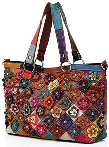 Eysee Donna in Vera Pelle Borsa a Tracolla Multicolore di Fiori - Colorata