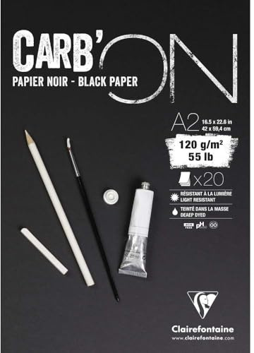 Clairefontaine - Ref 975041C - Carb'On Black Glued Paper Pad (20 Sheets) - A2 (594 x 420mm) Sized, 120gsm Paper, Acid Free, pH Neutral - Suitable for Pencil, Felt Tip, Chalk