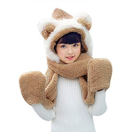 Bonnet Echarpe Moufle 3 en 1 Enfant Chapeau Fille Garcon Hiver avec Un Foulard de Gants Chaud Mignon Unisexe Cagoules en Peluche Cache Oreilles Capuche pour Voyage Ski Noël Outdoor